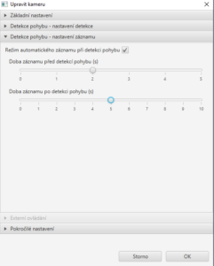 Nastavení nahrávání při detekci pohybu
